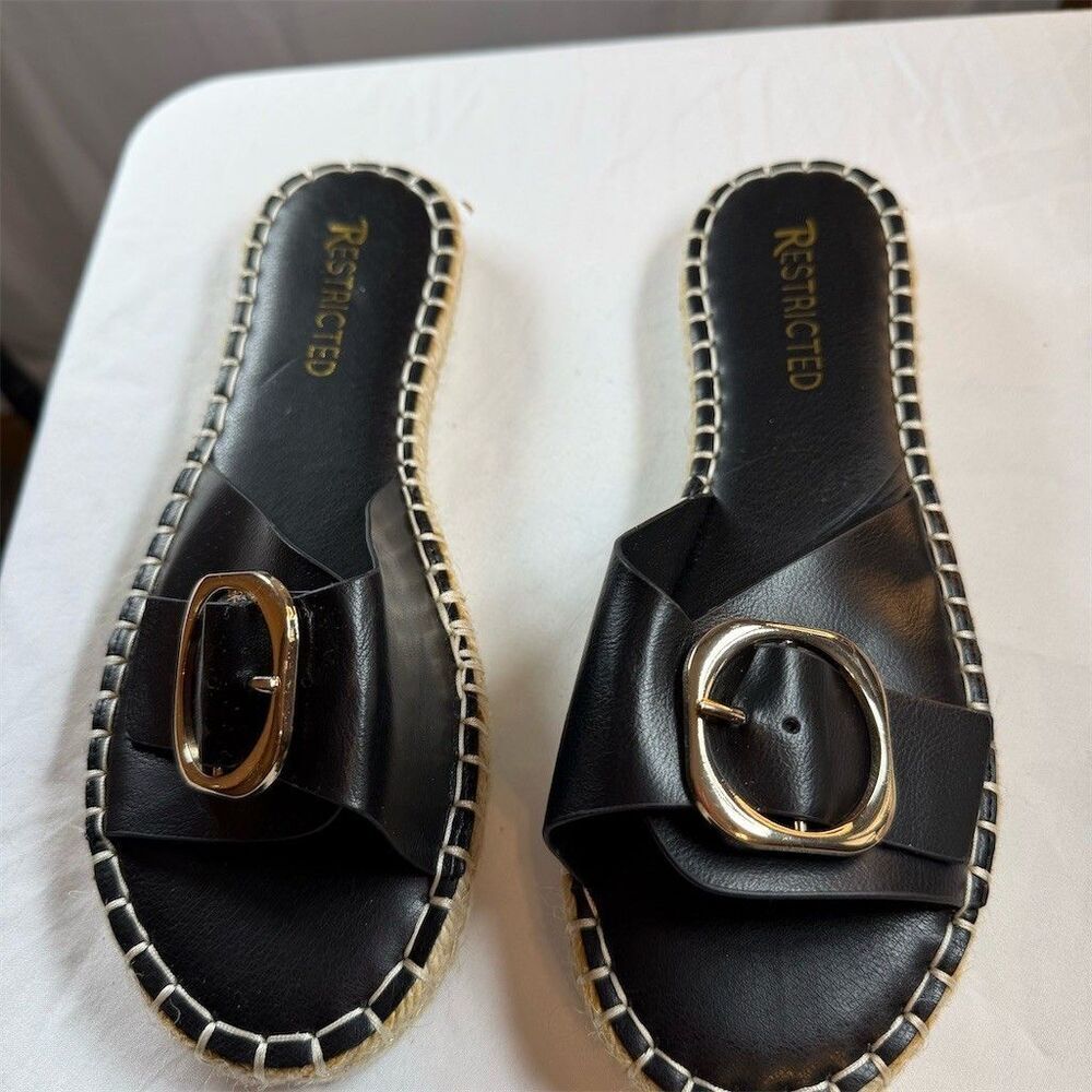 Restricted Womens Black Espadrille Slide Sandals Gold Buckle Jute Trim